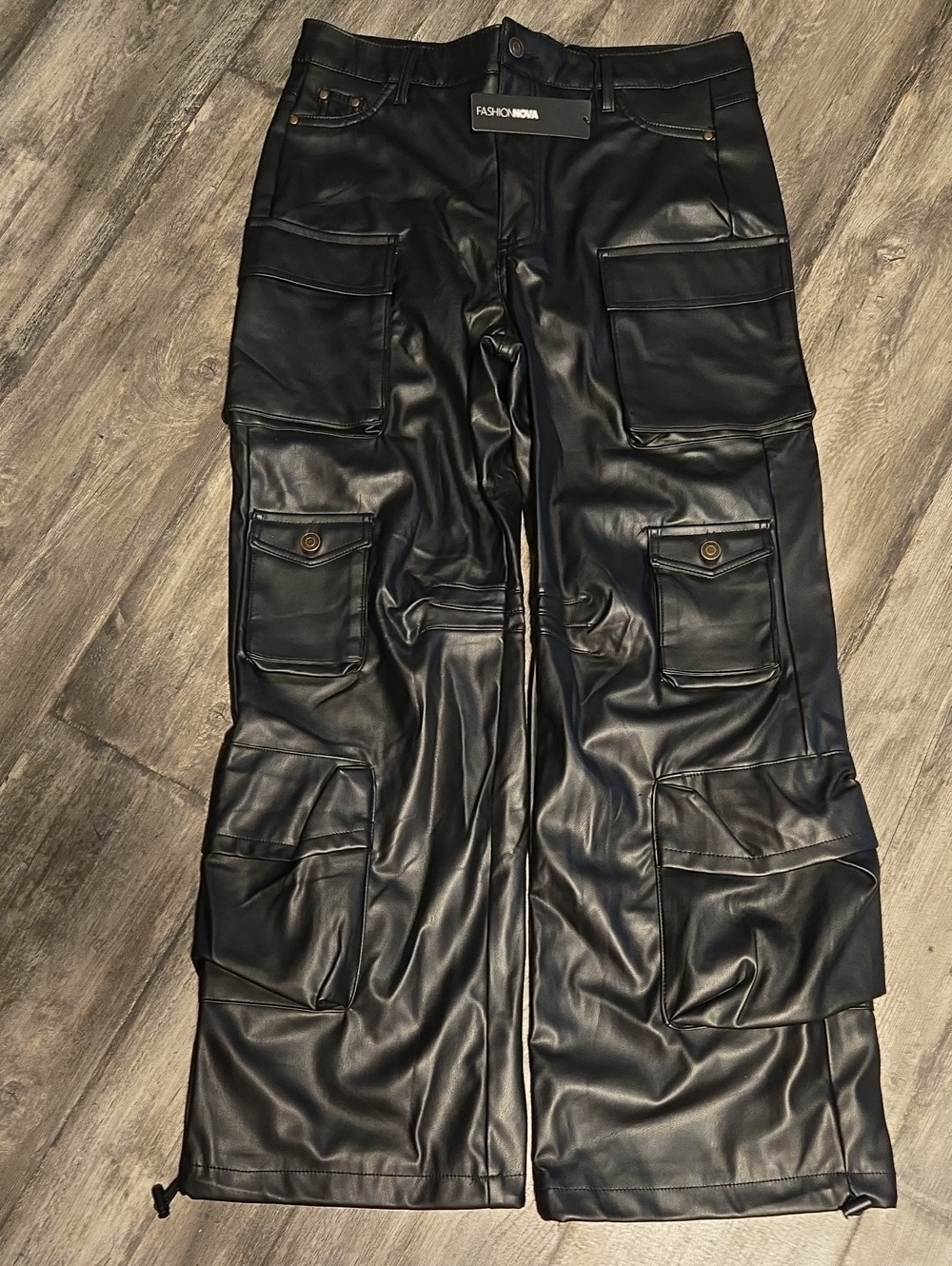 Fashion Nova Black Faux Leather Cargo Pants with Utility Pockets